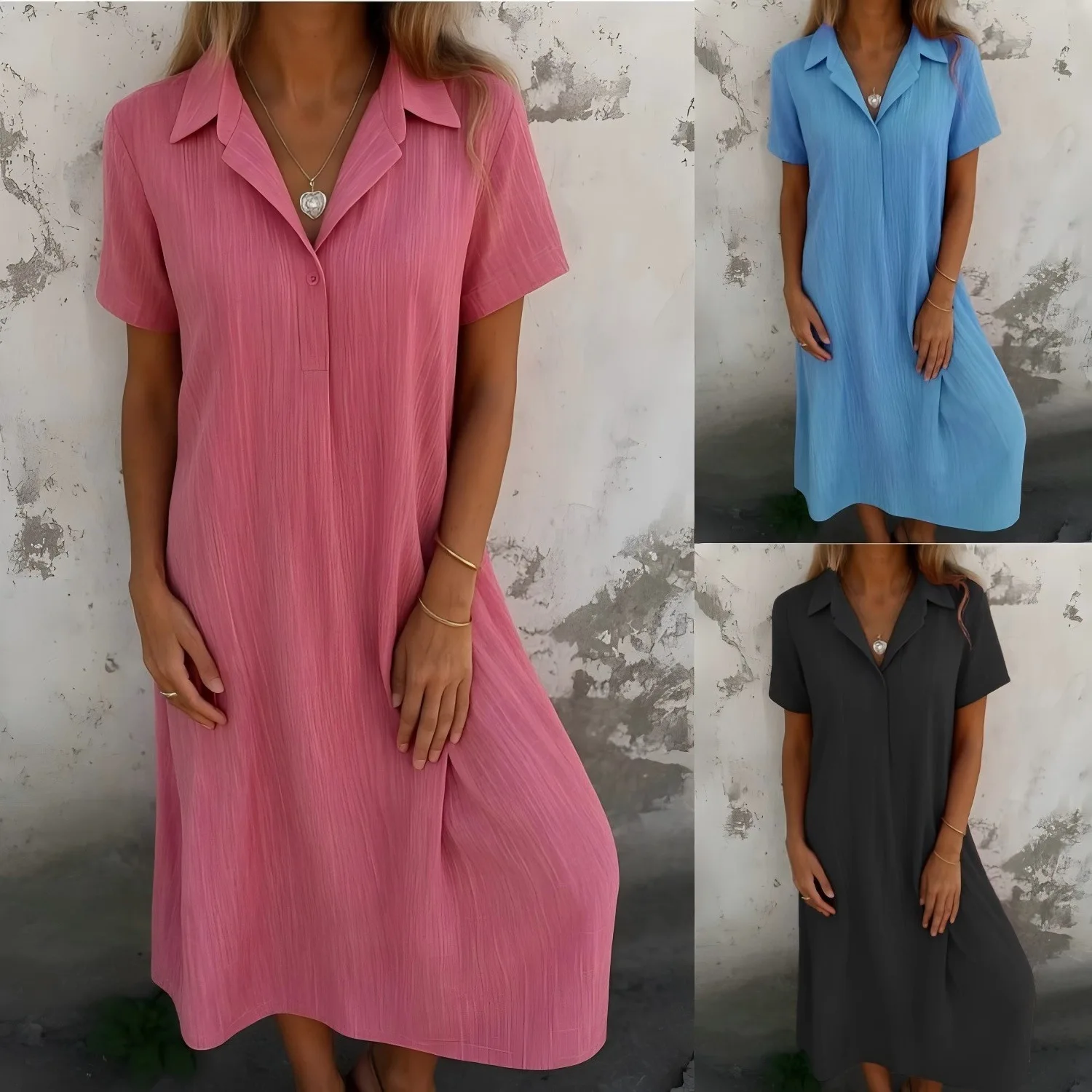

2025 New Casual Spring and Summer Loose Short-sleeved V-neck Solid Color Cotton and Linen Shirt Dress