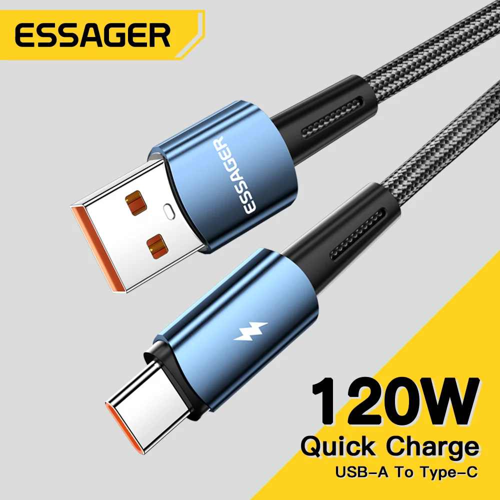 Essager 120W 6A USB C Cable Super Fast Charge Type-C Charger Data Cable For Xiaomi 12Pro Redmi K50 Note 11Pro Black Shark 5Pro