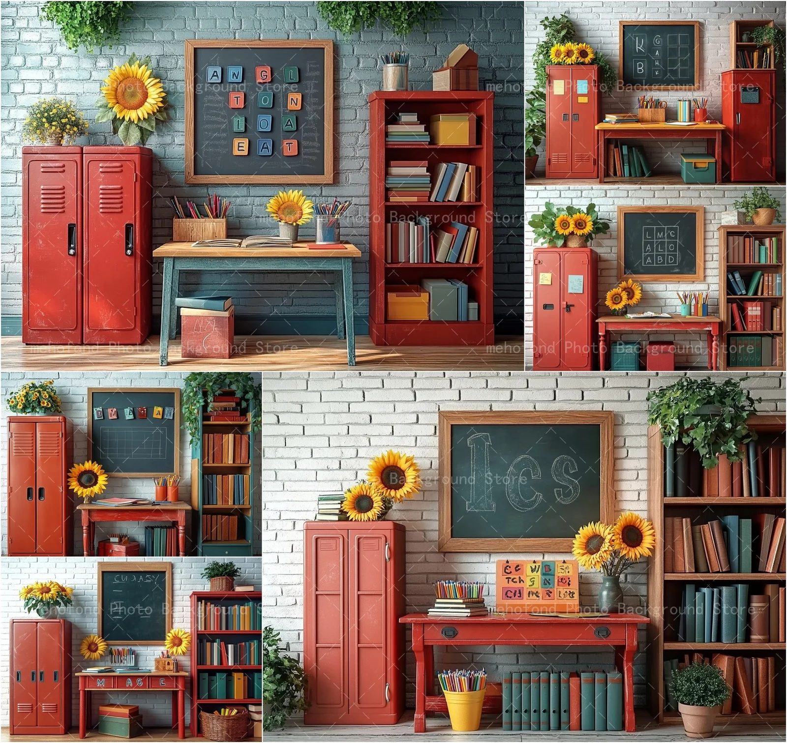 Mehofond 写真撮影背景 新学期 レッドアイアン収納キャビネット 木製テーブルチェア キッズファミリーポートレート背景装飾