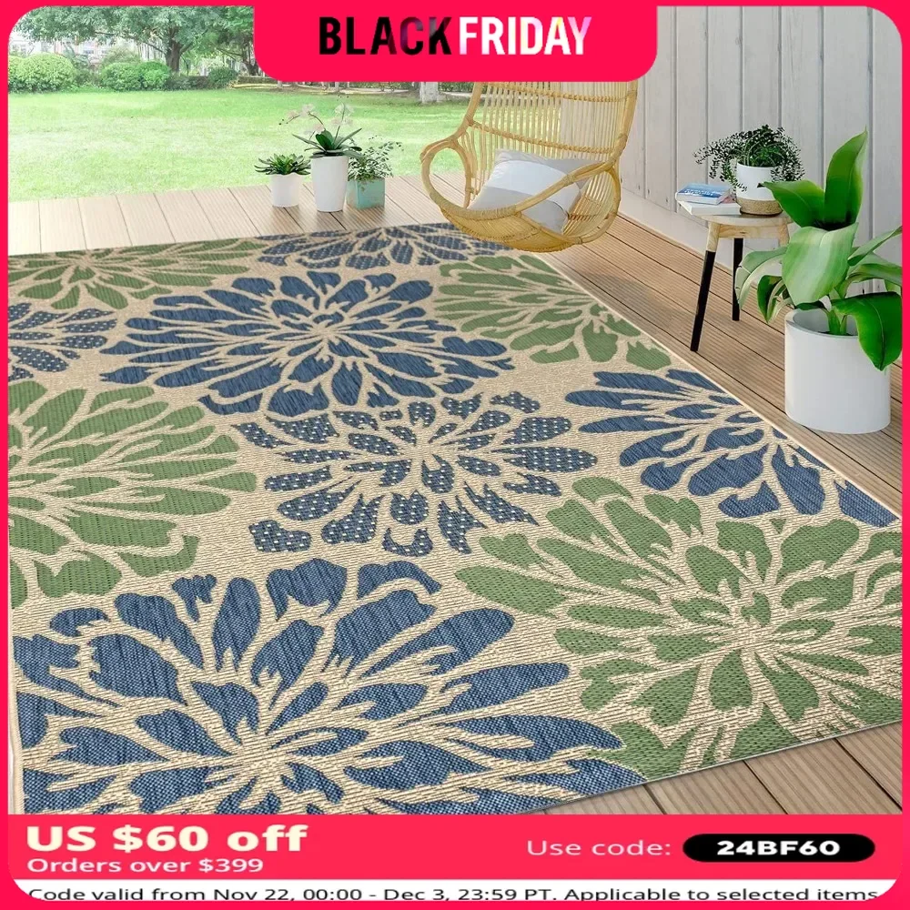 Outdoor Area-Rug, Modern Floral Textured Weave Bohemian Coastal Easy-Cleaning, Non Shedding, Outdoor Rug