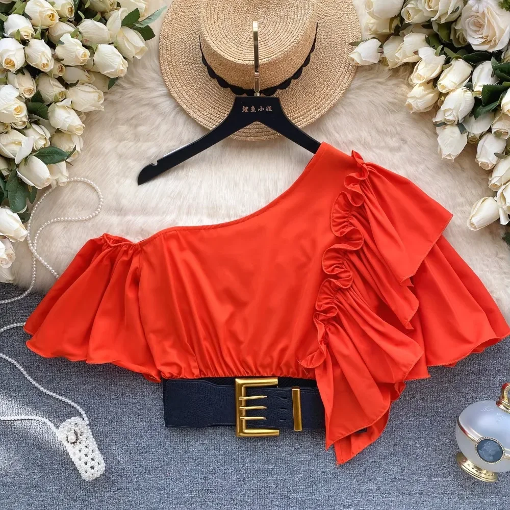 Chic Sweet Ruffle Puff Short Sleeve Diagonal Collar Blouse with Belt Elegant French Fashion Short Top Party Summer Women Shirt