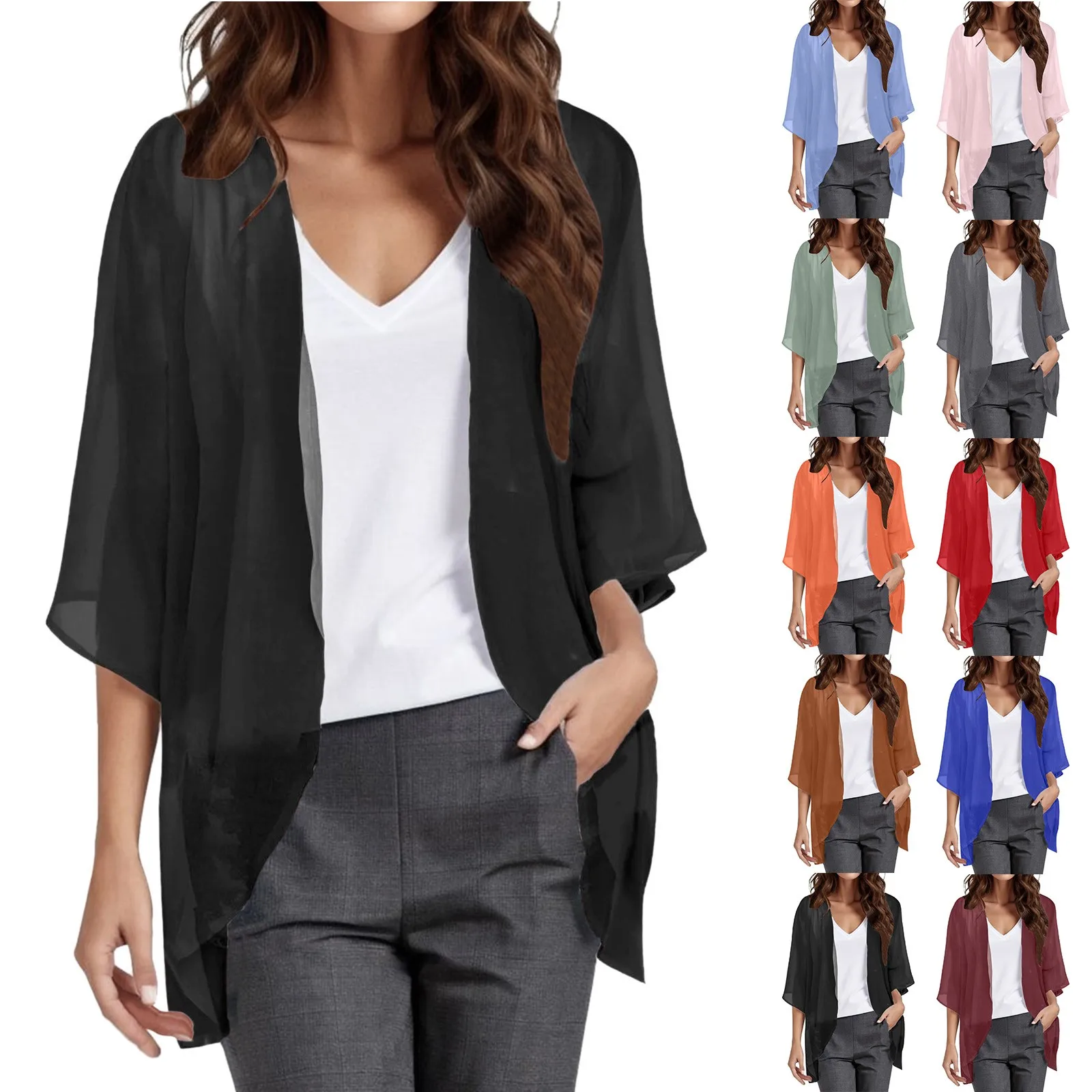 Puff Sleeve Chiffon Women Blouse Summer Long Shirt Kimono Cardigan Solid Color Loose Kimono Ladies Tops Sun-Protective Blusas