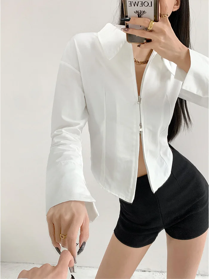 Sweet and Spicy Pure Desire Style High-end Feeling Lapel Long Sleeved T-shirt for Women Slim Fit and Slimming Exposed Waist