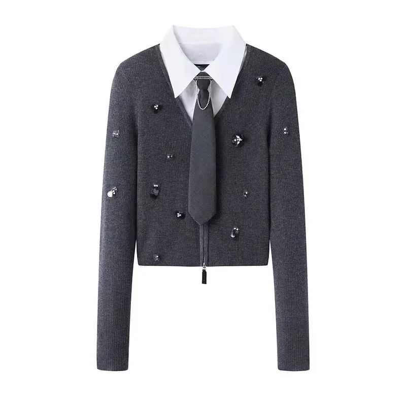 Elegant Long Sleeve Knitted Sweater Women's Casual Style Pearl Embellished Design Stand Collar All-Match Comfortable Top
