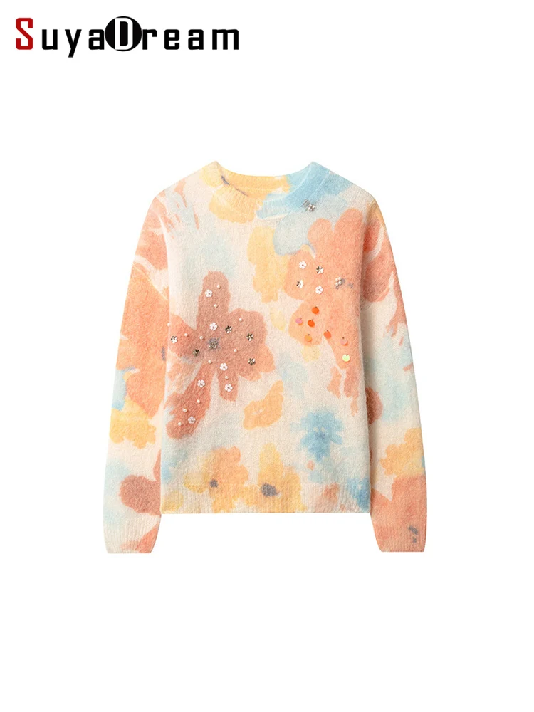 

SuyaDream, Women Mohair Pullovers, Wool Blend, Beadings Printed Sweaters, 2024 Fall Winter Fashionable Top