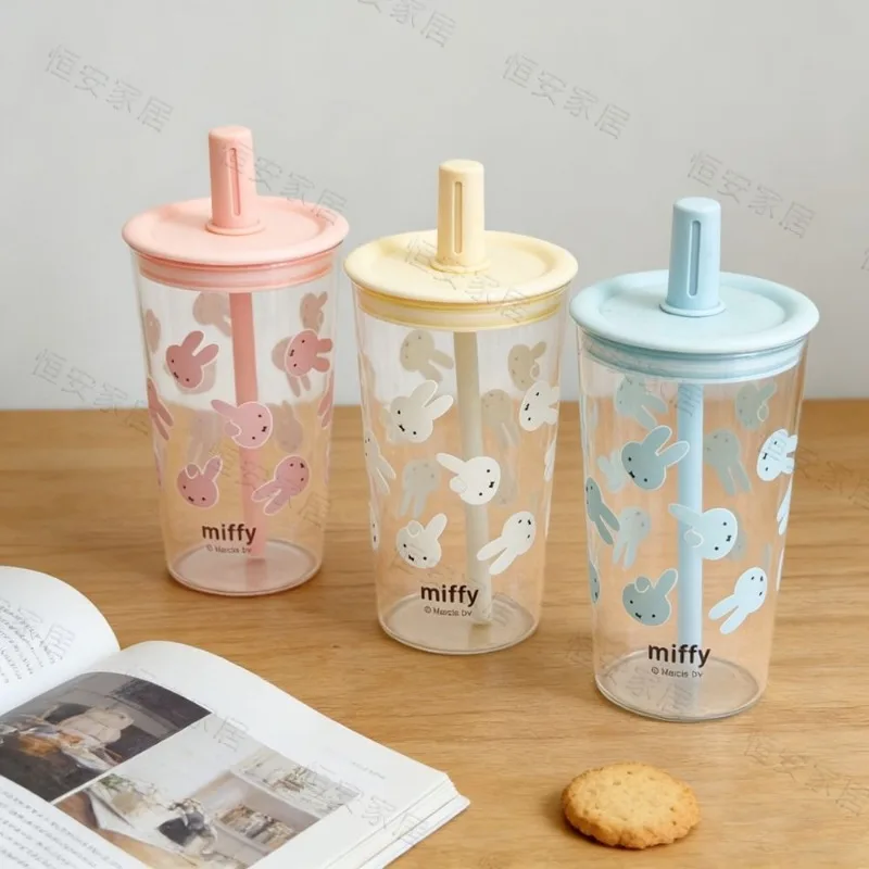 Miffy Glass Cup with Straw Cute Cartoon Drinking Glass Large Capacity Milk & Coffee Tumbler for Girls Heat-Resistant Gift Ready view 5