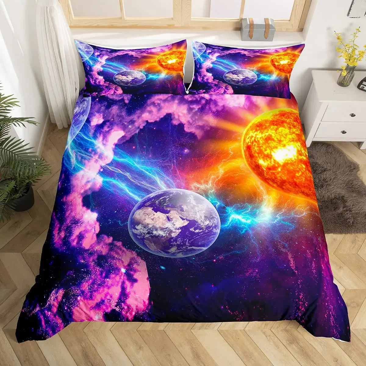 Galaxy Bedding Sets Full,Cosmic Outer Space Duvet Cover Set Mars Earth Planet Comforter Cover Purple Universe Nebula Quilt Cover