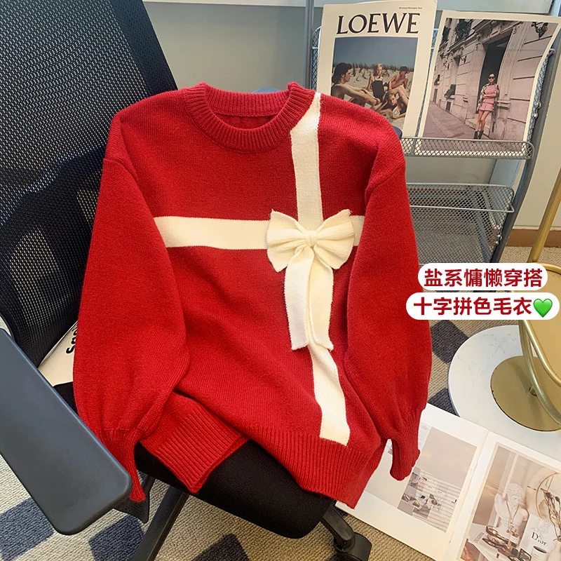 Benmingnian Christmas Red Sweater Women's Autumn and Winter Loose Hong Kong Flavor Retro Chic Soft Glutinous Knitwear