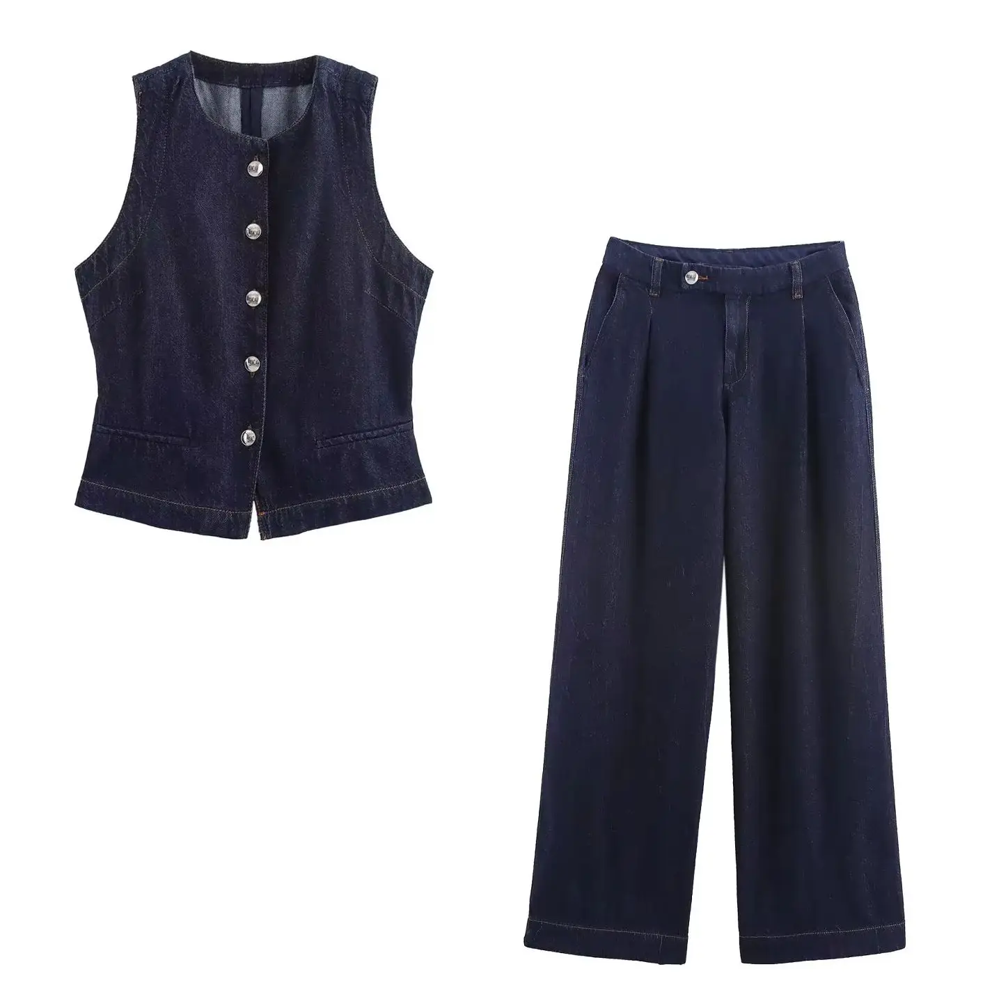 

KONDALA Vintage Denim Casual Fashion 2025 Woman Suit Single Breasted Vest+Zipper Wide Leg Long Pants Autumn Elegant Mujer Set