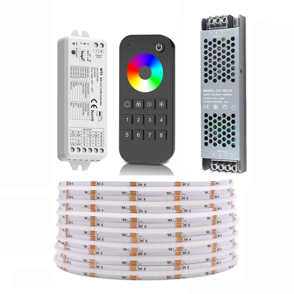 5M 10M COB RGB+CCT LED Strip Set Tuya WiFi RF Remote Control 24V Dimmable Dotless Adhesive Bed Room Light Alexa Google Control