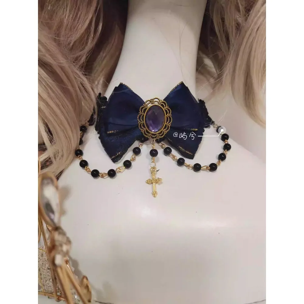 

Original Lolita Bow Necklace Gothic Cross Pendant Handmade Necklace Wedding Decor Vintage Multicolor