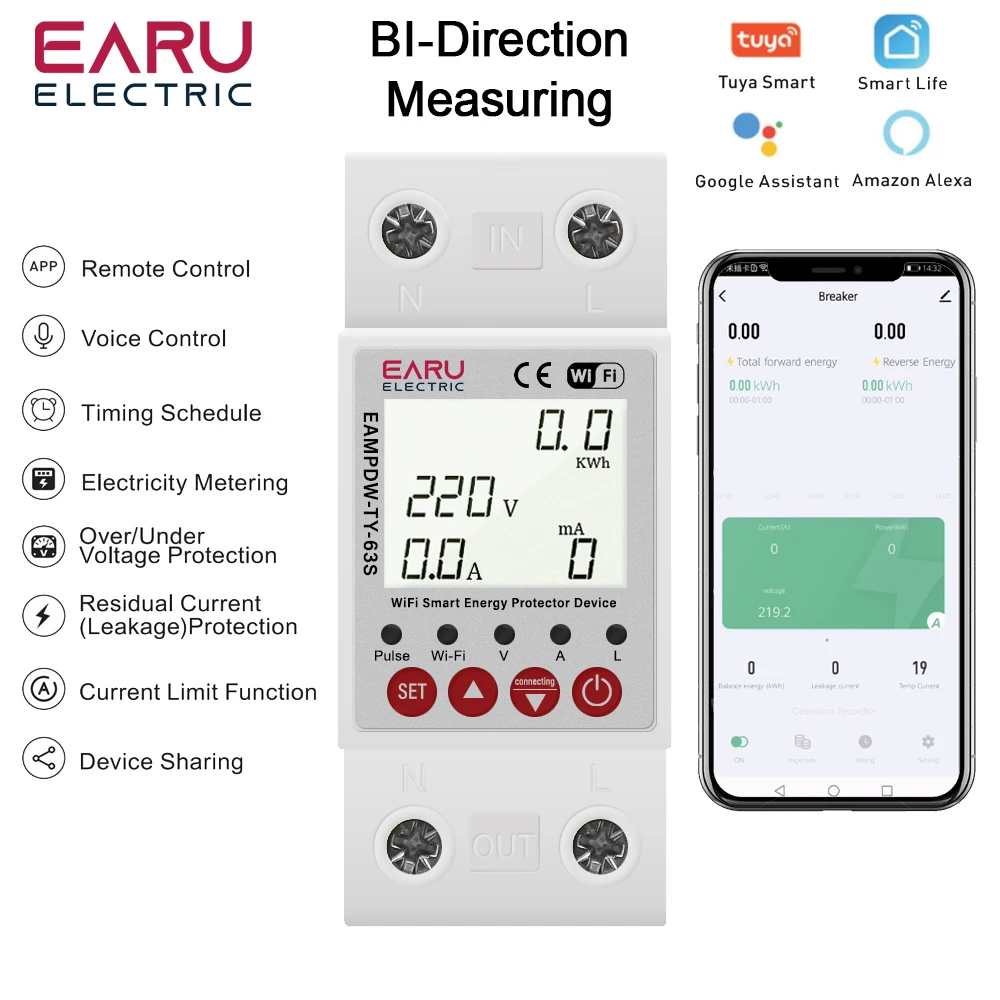 63A Tuya Smart WiFi Circuit Breaker Switch BI-Direction Measuring Earth Leakage Over Under Voltage Protector Energy Power Meter