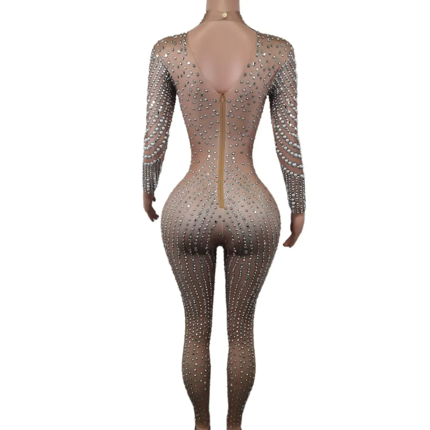 Sexy Long Sleeve Celebrate Party Birthday Bodysuits Singer Dancer Rompers Stage Wear Party Rhinestones Pears Jumpsuit for Women