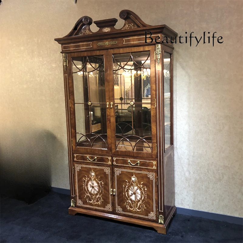 English Solid Wood Wine Cabinet Dining Side Cabinet Copper Piece English Furniture Villa Double Door Wine Cabinet