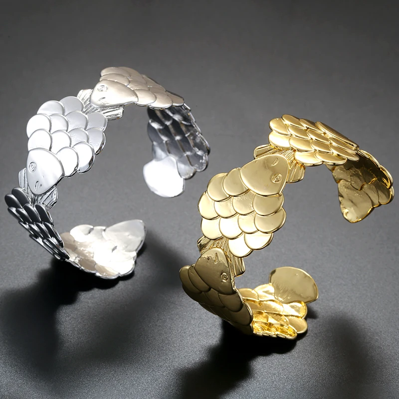 Koi Fish Open Cuff Bangle & Ring 18K Gold Plated Brass Fish Scale Adjustable Bracelet Ring Ocean Animal Jewelry:VL899 VJ1001