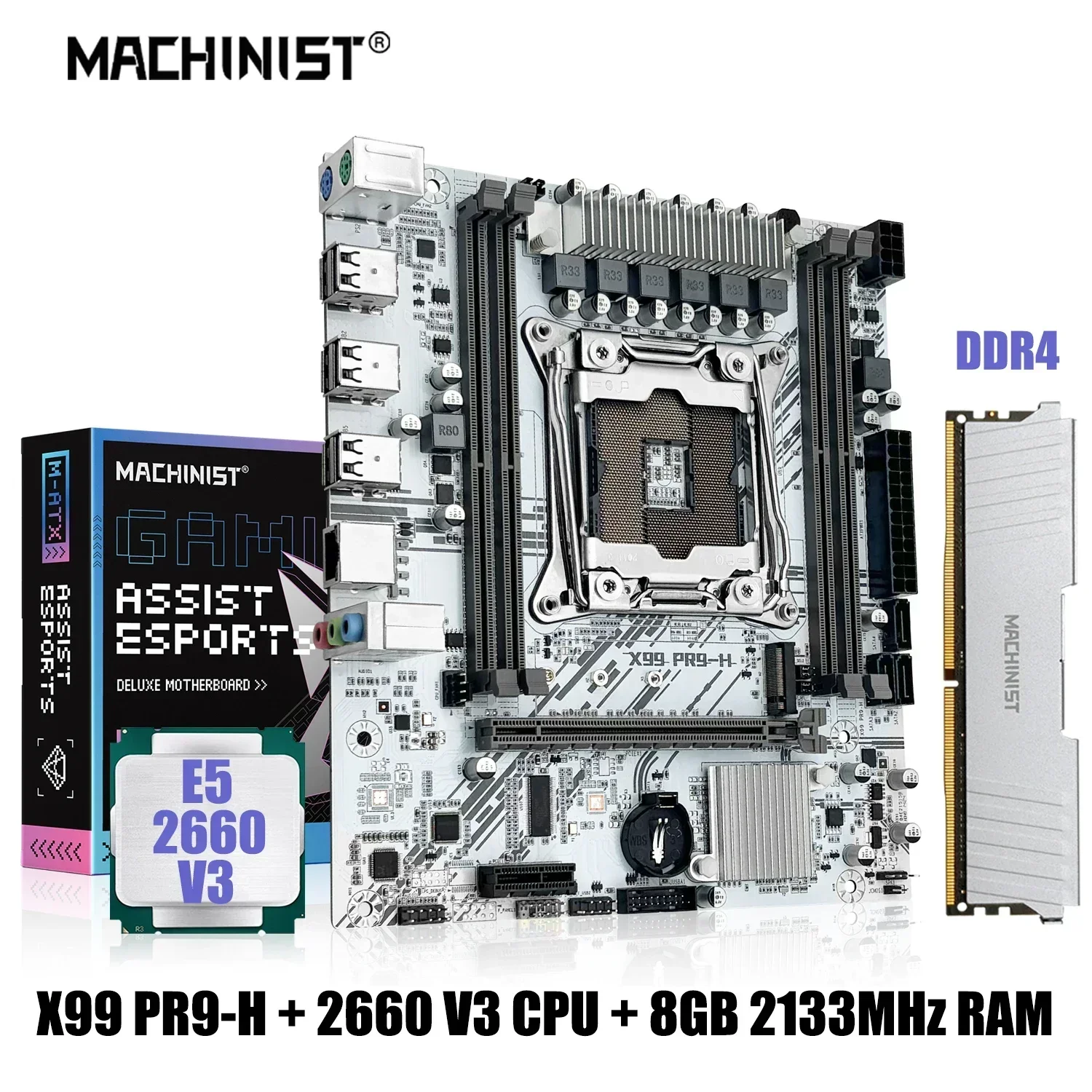 

Комплект материнской платы MACHINIST X99 LGA2011-3 E5 2660 V3 Процессор + 8 ГБ DDR4 RAM 2133 МГц Комбинированная память USB3.0 NVME M.2 M-ATX PR9-H белый