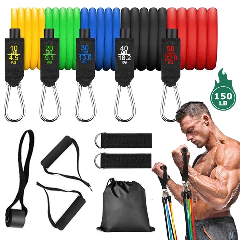 

150LB 11PCS Latex Resistance Bands Set Rubber Elastic Fitness Bands Yoga Pull Rope with Bag Portable Gym Equipment for Home