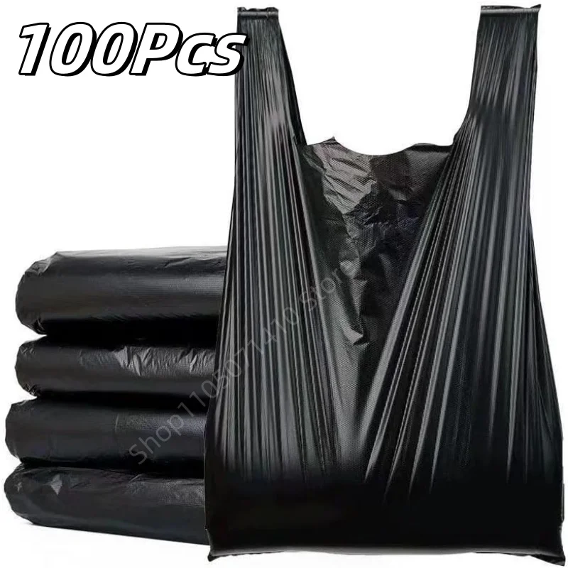 100 Bolsas de Basura Negras Desechables con Asa para Supermercado, Compras, Cocina y Sala de Estar