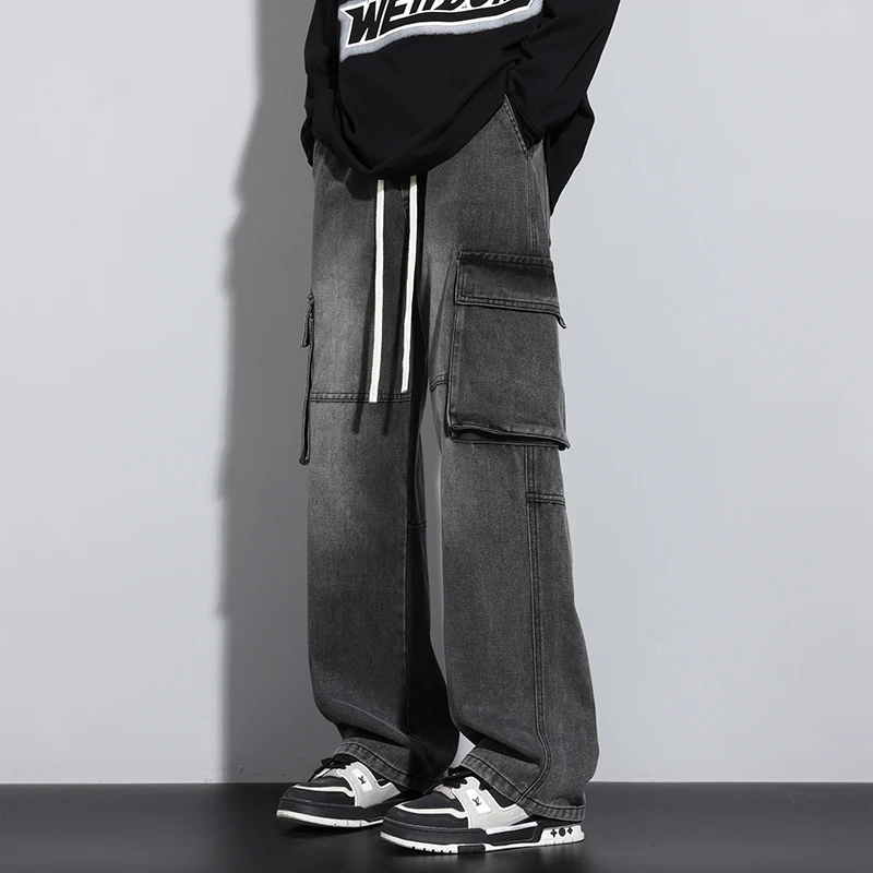 

Baggy Men's Wide Leg Jeans Streetwear Fashion Big Pocket Cargo Pants Hip Hop Spliced ​​Retro Loose Straight Autumn Trousers