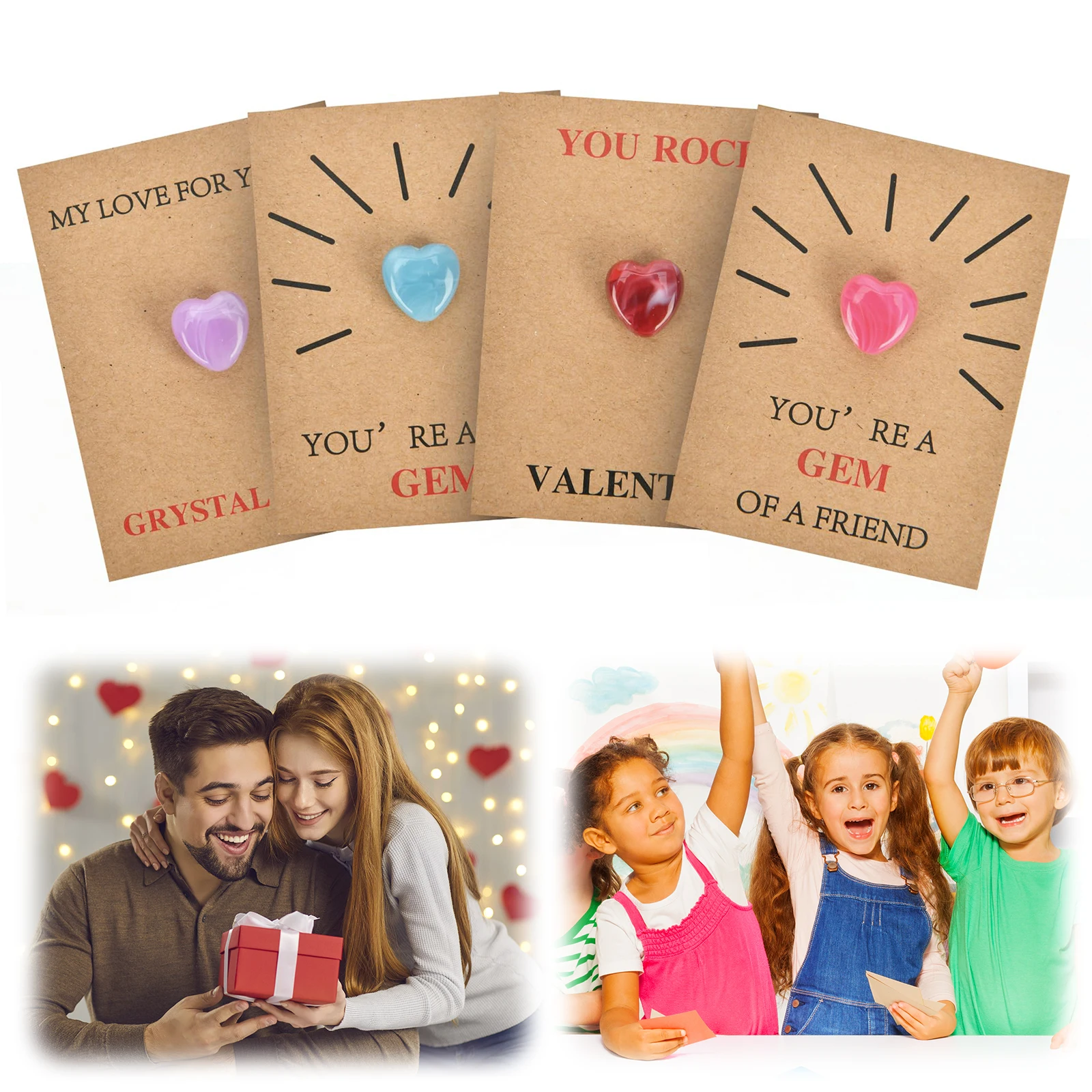 24 Pack Gem Valentines Cards with Heart-Shape Crystal Stone Valentines Cards for Boys Girls Class Classroom  Party Favor