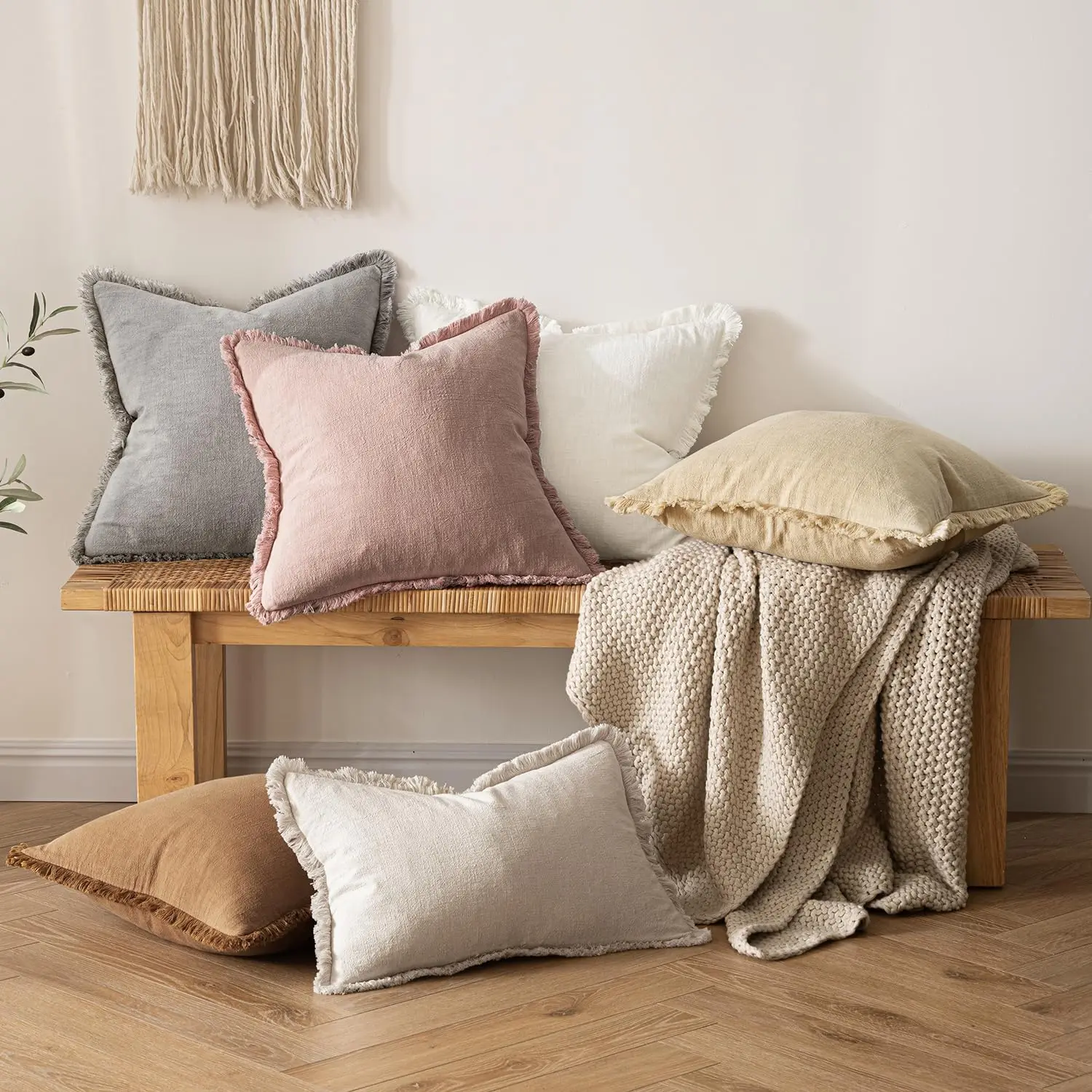 Pink Decorative Couch Pillow Covers Neutral Linen Fringe Throw Pillows Boho Accent Cushions for Bed Sofa Living Room 45x45cm