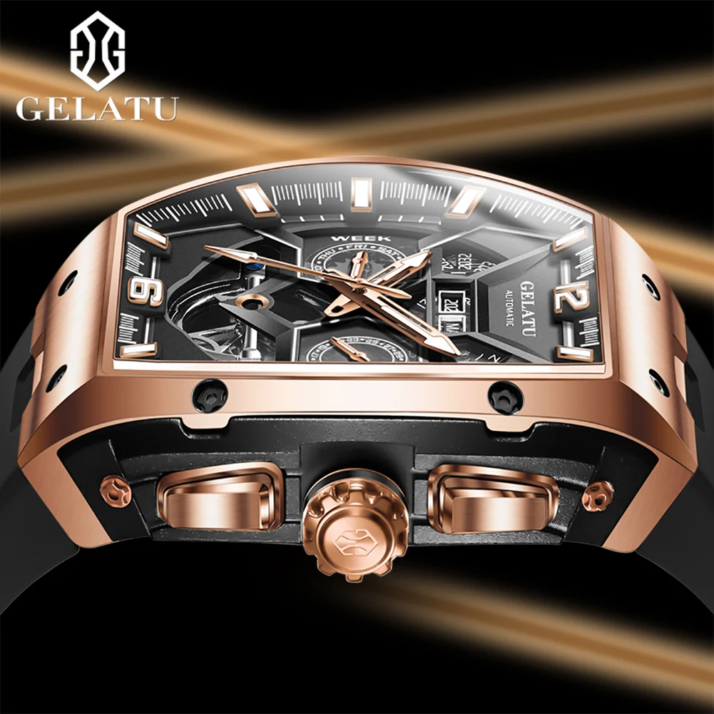 GELATU 6013 Original Mechanical Watch for Men Silicone Strap Skeleton Calendar Week Display Business Luxury Automatic Wristwatch