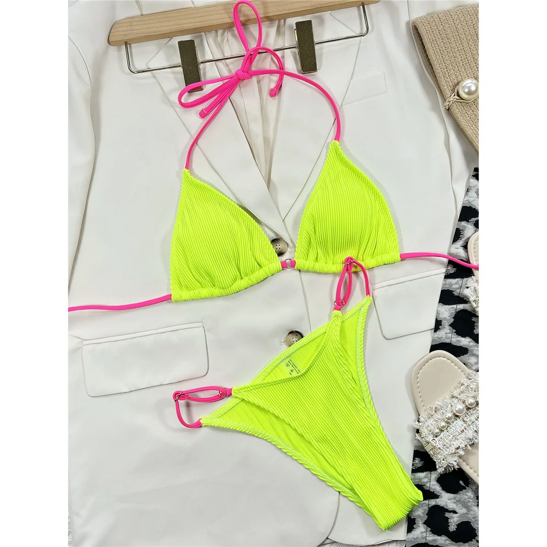 Sexy Neon Neckholder-Bikini mit Rippenstruktur, Damen-Badeanzug, zweiteiliges Bikini-Set, gepolsterter Badeanzug, Badebekleidung für Damen, V4048 – Detail 22
