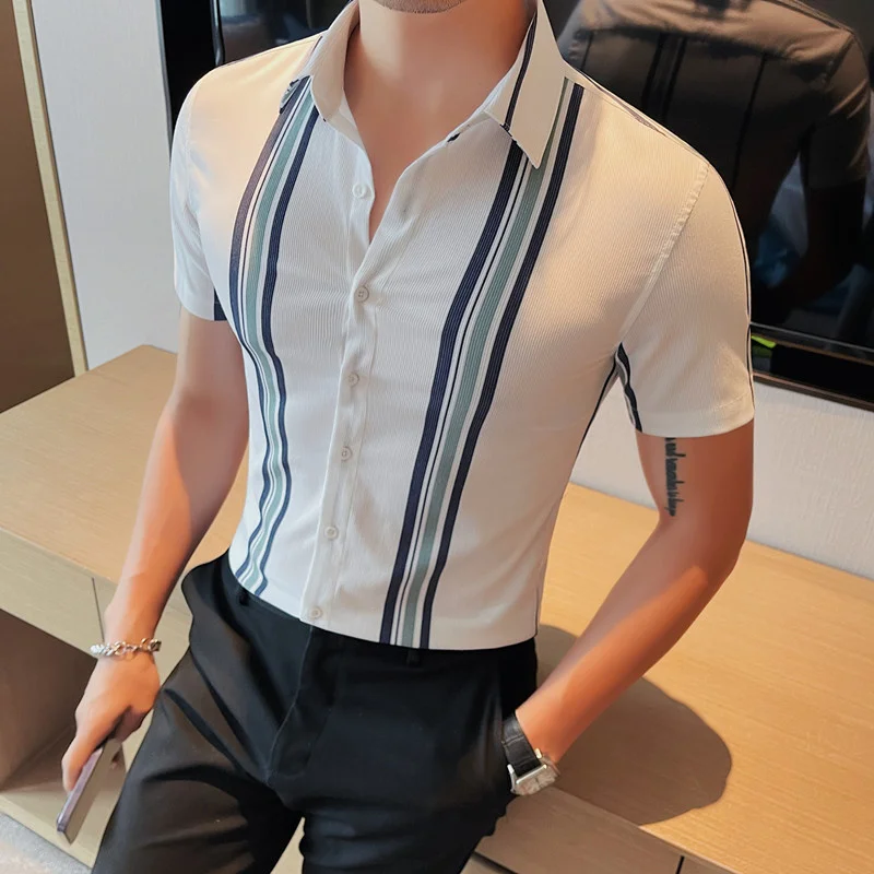 

Quality Men's Summer Short Sleeve Stripe Dress Shirts Comfortable Button-Down Collar Standard-Fit Casual Blouse Tops Shirt 4XL