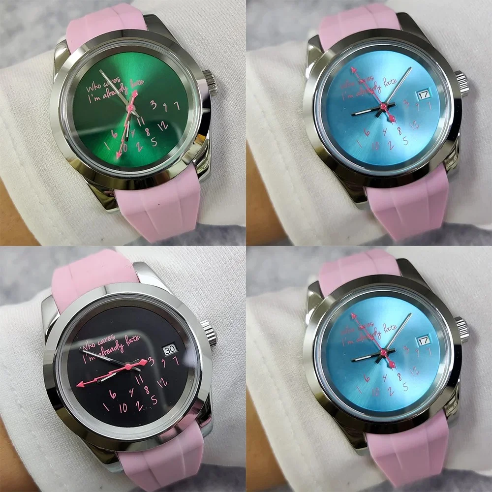 39mm man NH35 Silver Watch Who cares I'm already late sapphire crystal NH35A movement stainless steel digital dial pink hand