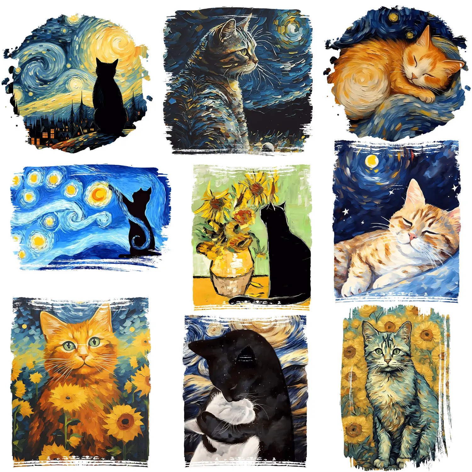 Abstract Cat Starry Sky Painting Sunflower  Iron on Transfer Patches for Clothes Colorful Creations DIY Decoration