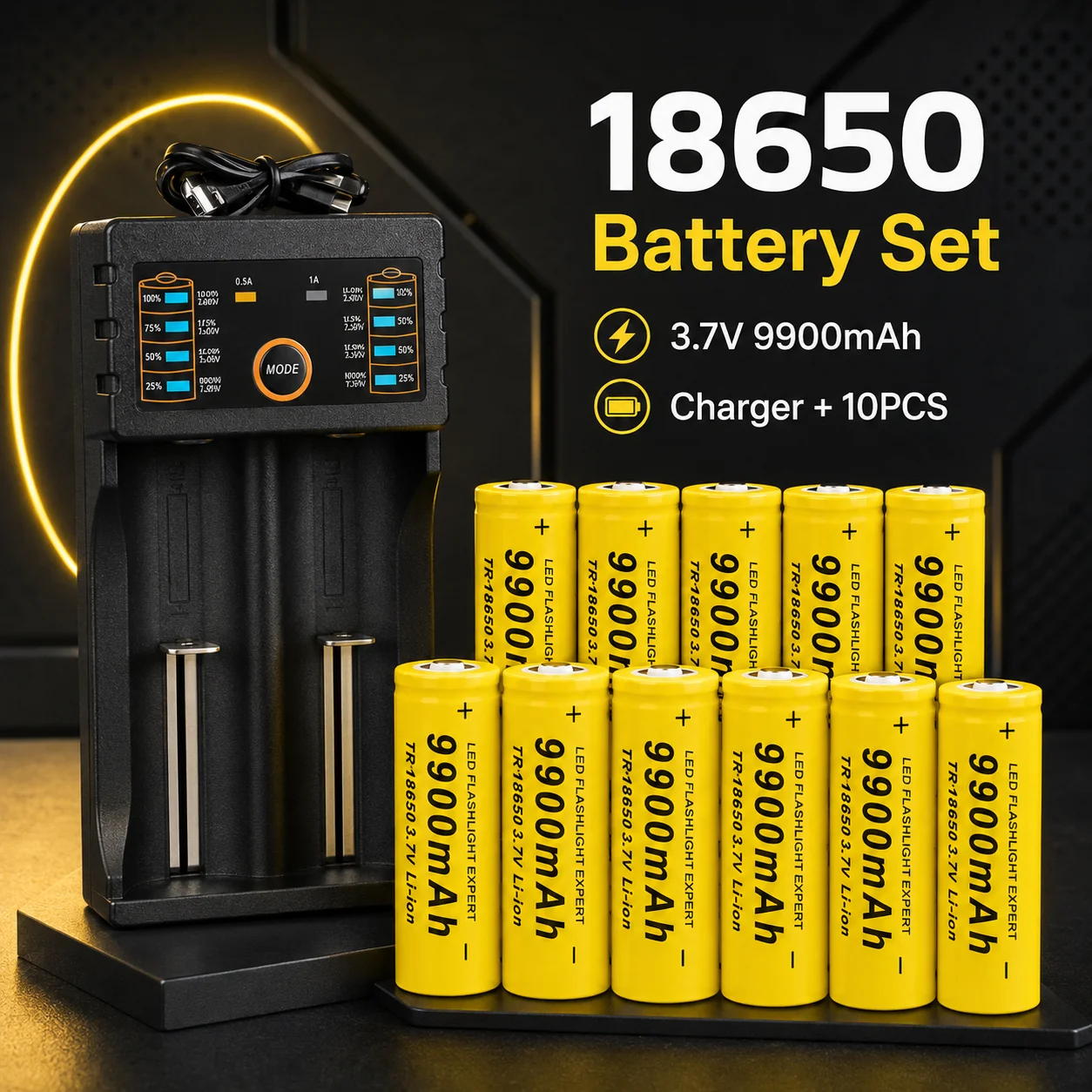 

Rechargeable 18650 Lithium-ion Battery 3.7V 9900mAh with Charger for LED Flashlight Torch