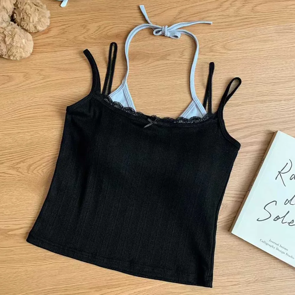 Simple Sleeveless Lace Trim Camisole Underwear Slim Suspender Vest With Padded Cups Short Vest for Women