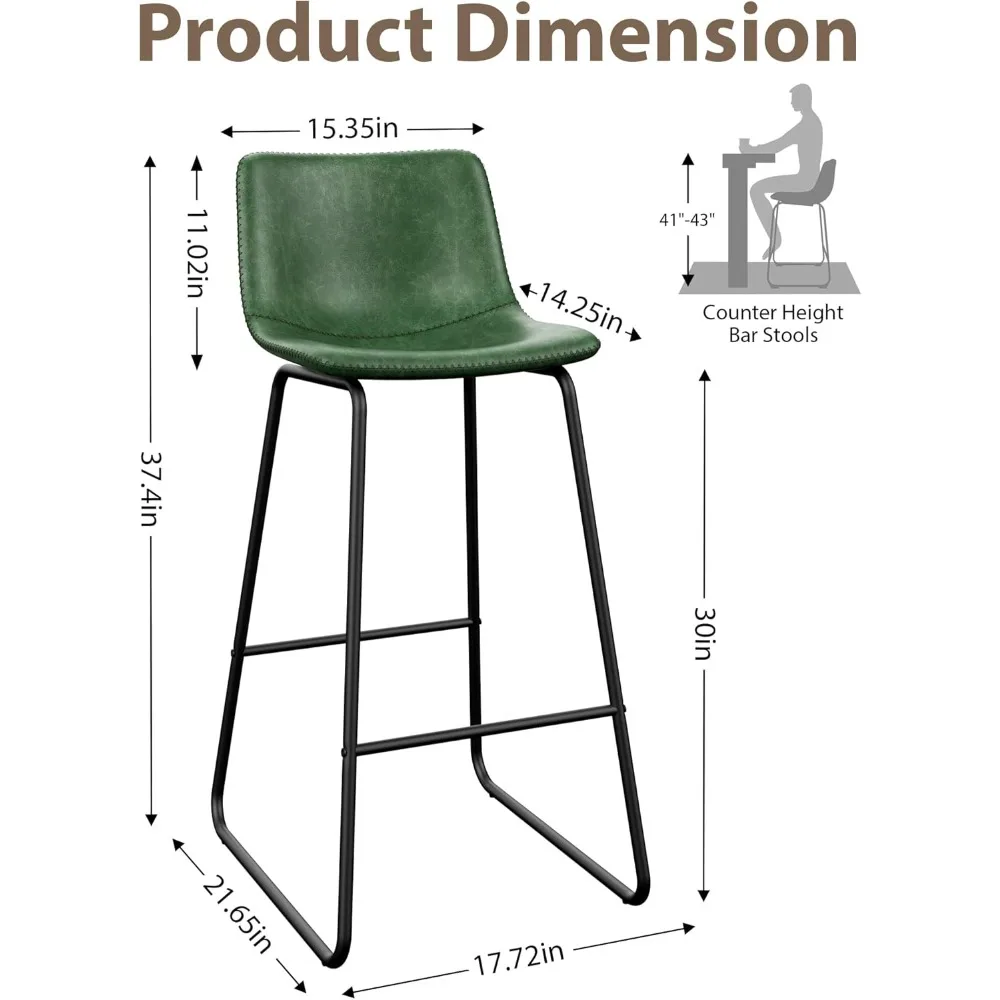 مجموعة مقاعد بار بارتفاع عداد مكونة من قطعتين، جلد صناعي حديث مقاس 30 بوصة مع دعم خلفي وأرجل معدنية ومسند للقدمين للمطبخ الأنيق