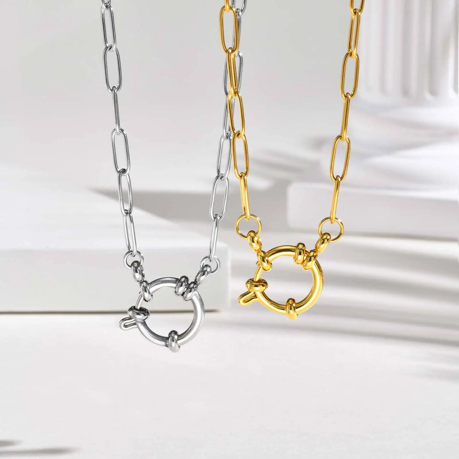 Fashionable Stainless Steel Long Square Chain Buckle Necklace Pendant For Women 3.5mm 16inch n1887