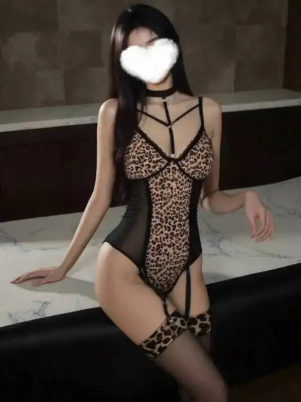Sexy Leopard Print Bodysuits Hot Girl Lace Mesh Sexy Small Chest Cat Girl Outfit Flirting Backless Hanging Neck Sleeveless EFLK