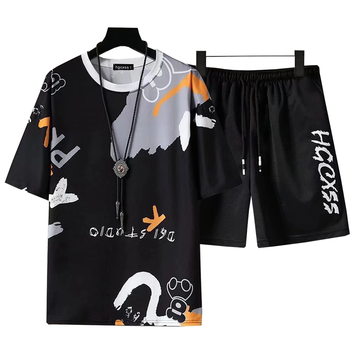 Men's Short Sleeved T-shirt Casual Shorts Letter Gradient Printed Pattern Round Neck Top Youth Student Summer Sportswear