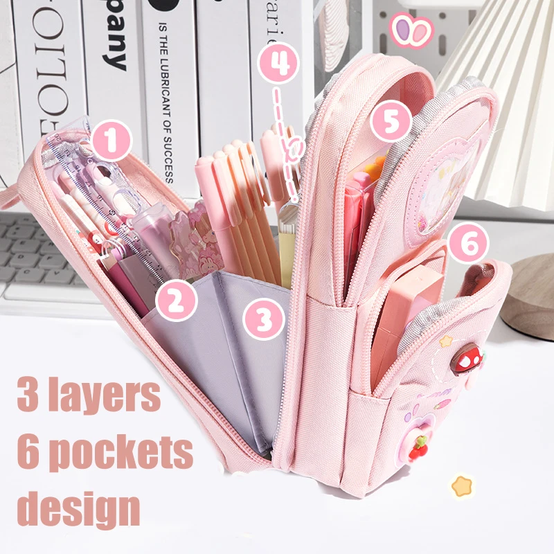 Schoolbag Style Pencil Case for Girls Cartoon Pencil Box Multi Layer Storage and Standing Cute Pouch Kawaii School Supplies