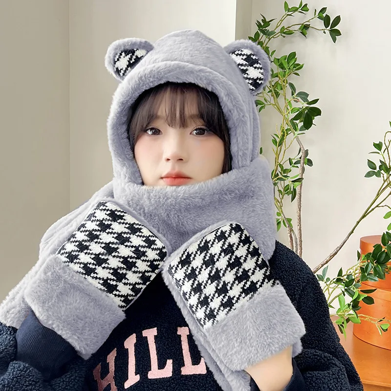 Cute Strawberry Bear Hat Scarf For Women Autumn And Winter Plush Warm Neck Versatile Cycling Cold Protection Ear Protection