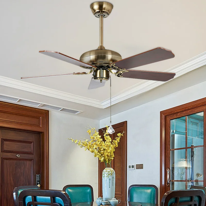 American Style Light-Free Ceiling Fan Solid Wood Living Room Dining Room Bedroom and Household Large Wind Power Wood Leaf Nordic