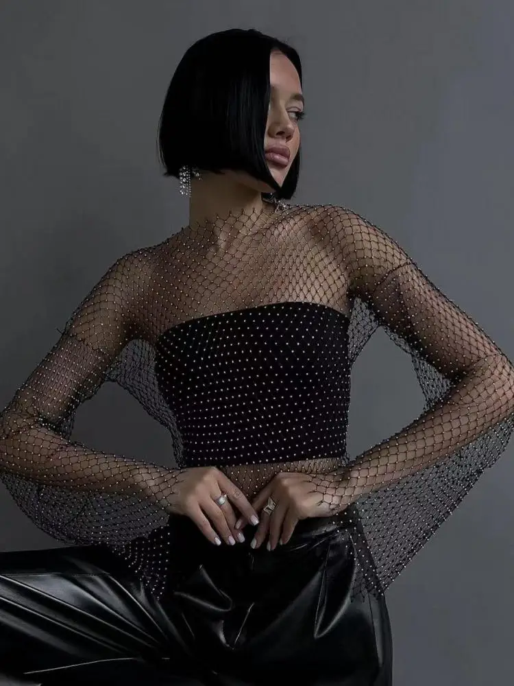 

Hollow Out Long Sleeve T-shirt Women Fashion Flash Rhinestone Grid Tee Summer Hot Girl Fishnet Tops Female See-through Clothes