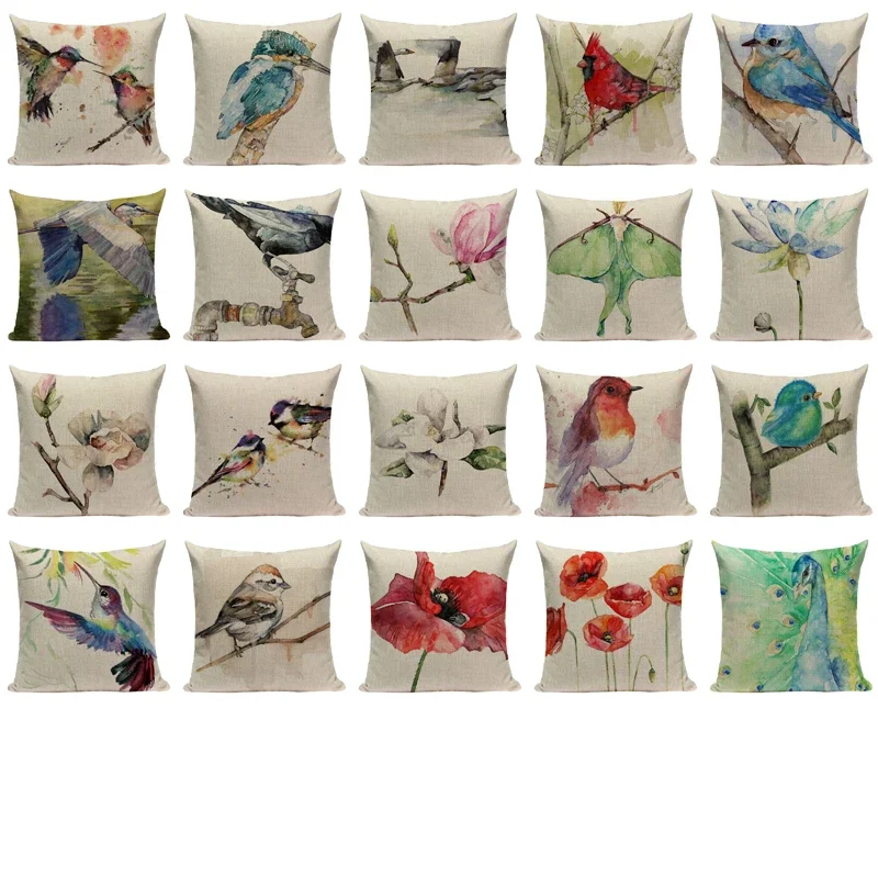 Cotton Linen Decorative Sofa Covers Watercolor Plant Bird Lumbar Pillow Covers Cushion Cover Home Decoration Pillowcase 45X45CM