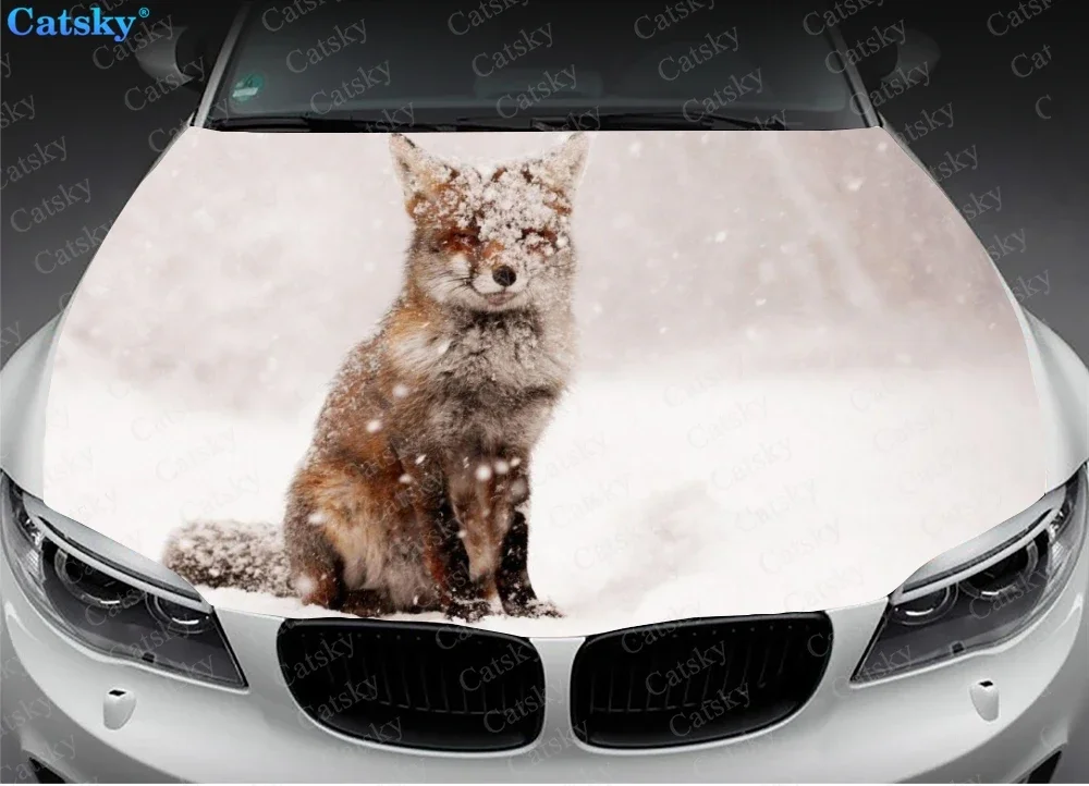 Animal Winter Animal Snow Cat Car Hood Vinyl Sticker Wrap Engine Cover Decal Full Color Graphic Auto Accessories Protective Film