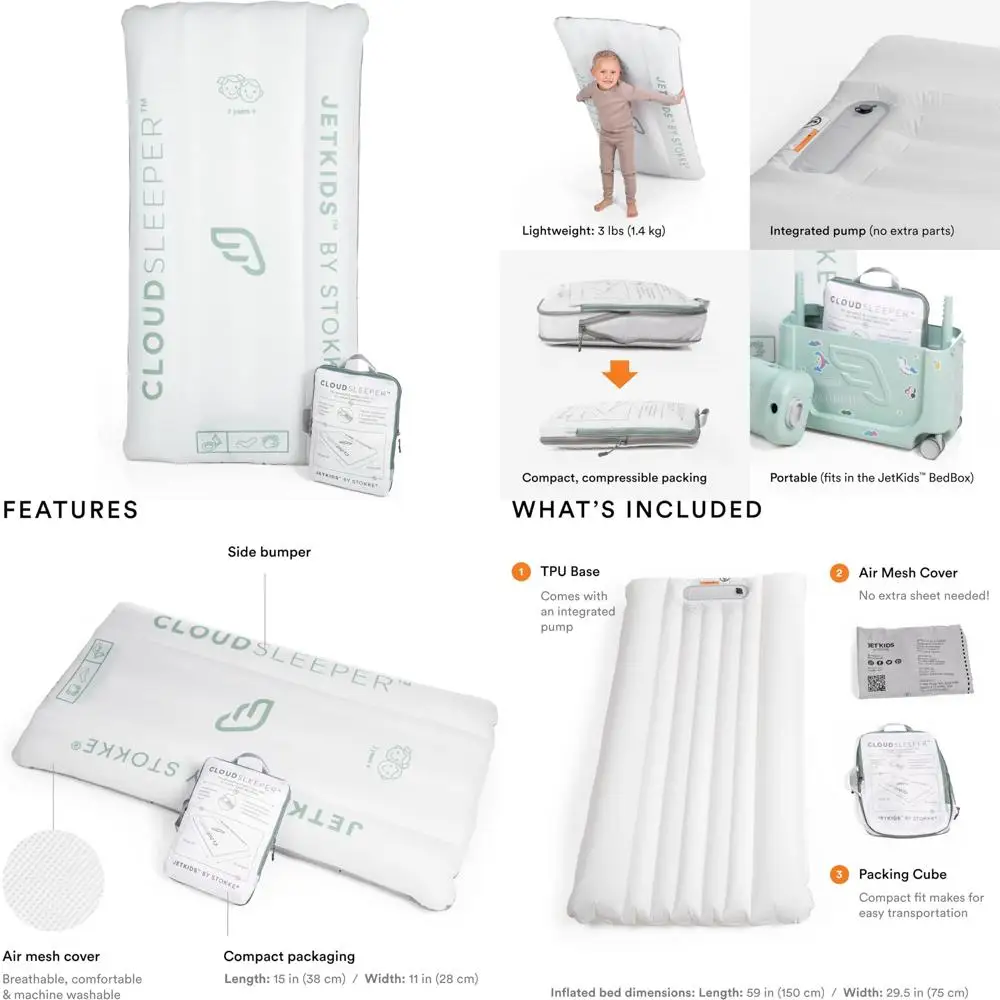 JetKids من Stokke CloudSleeper - سرير سفر قابل للنفخ للأطفال - مع مضخة مدمجة وغطاء شبكي مسامي ومصدات كاملة الطول
