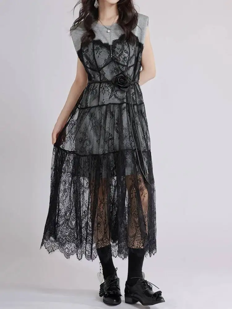 Gray Lace Perspective Women Big Size Midi Dress New Round Neck Short Sleeve Fashion Spring Summer 2026 1D8RV