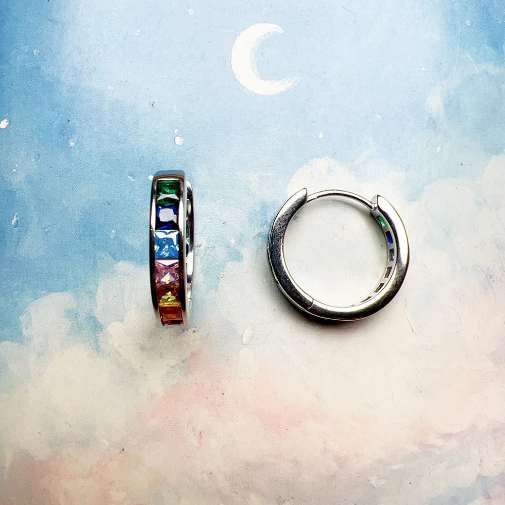 Rainbow Colours Stone Hoop Earrings Creole Europe Glam Fine Jewerly For Women Bohemia Gift In Real 925 Sterling Silver