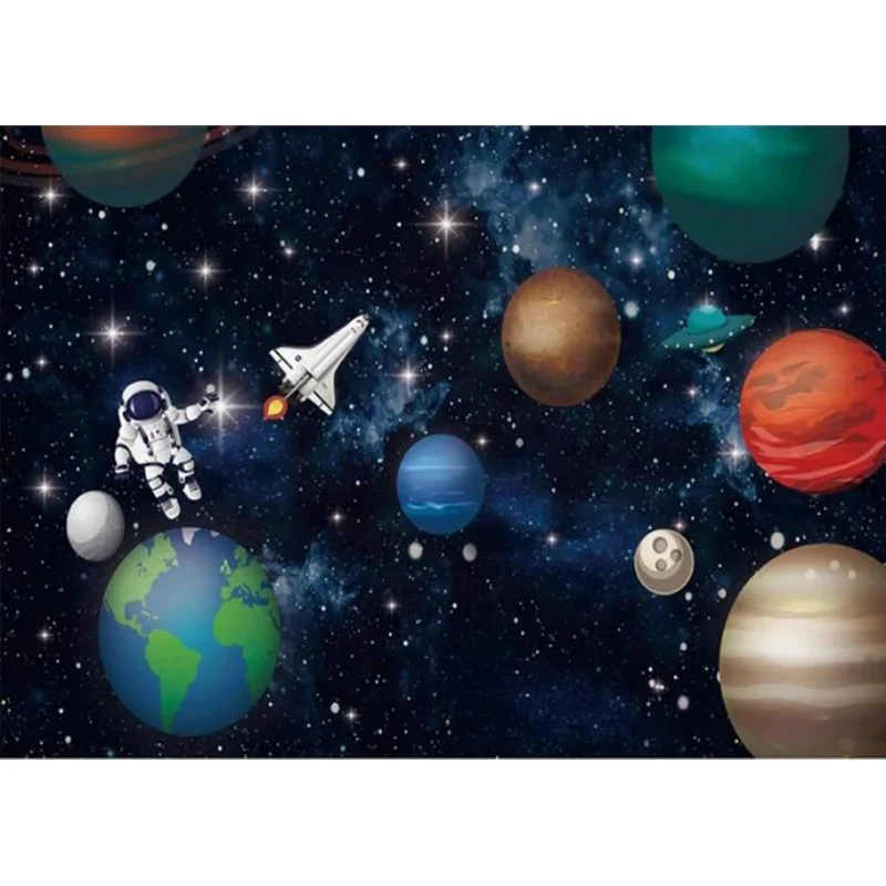 Outer Space Happy Birthday Backdrop Galaxy Planet Astronaut Rocket Photography Background Party Cake Table Banner Decor Props