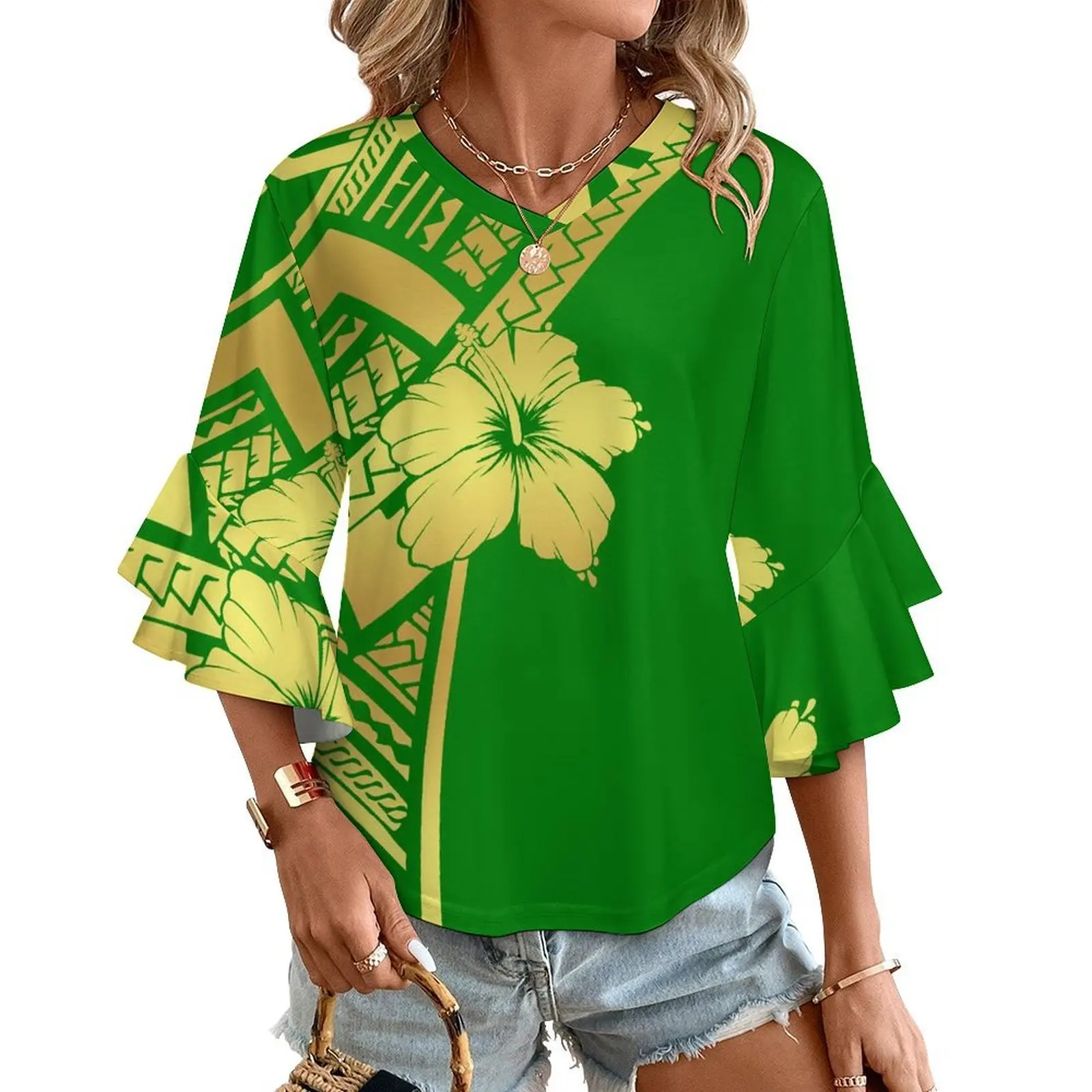 

Polynesian Samoa Print Customizable Women V Neck Ruffle Sleeve Blouse Lightweight YearRound City to Beach