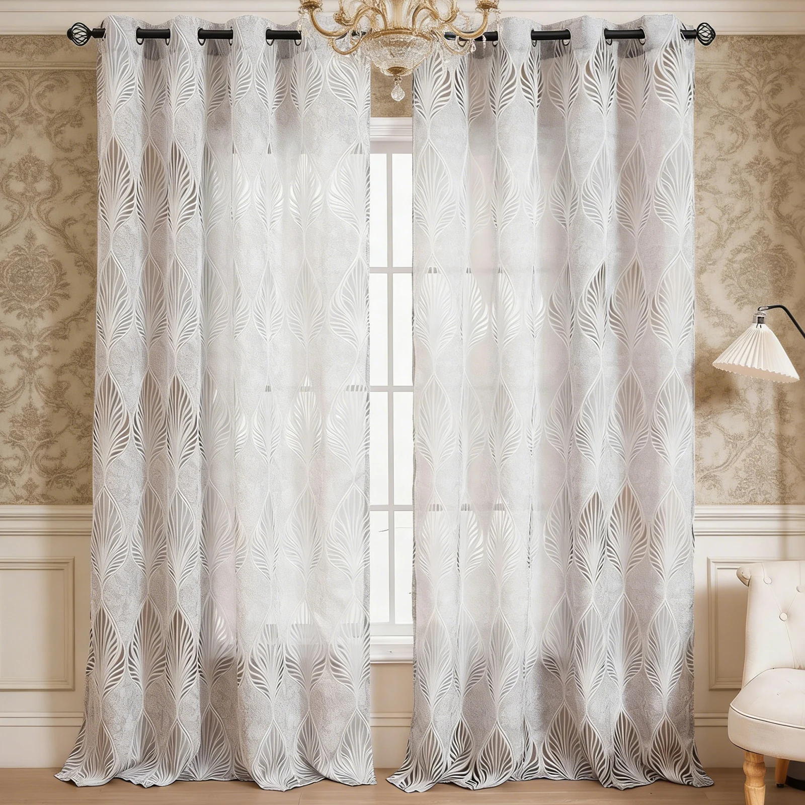 Luxury White Sheer Curtains with Embossed Leaf Design, 1 Pack Grommet Window Panels, Lightweight & Airy for Bedroom/Living Room,
