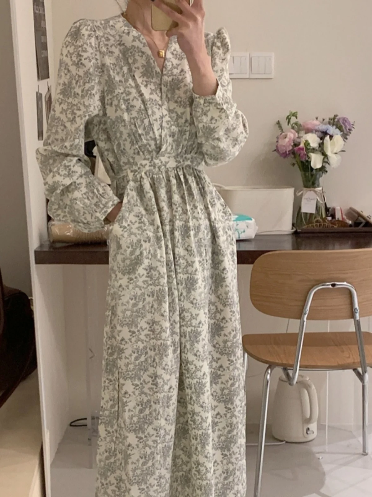 High Waist V-Ne Floral Long Dr Korean Sle Tea Break Skirt Women's Ele A-Line Gown Autumn Season Long Sve