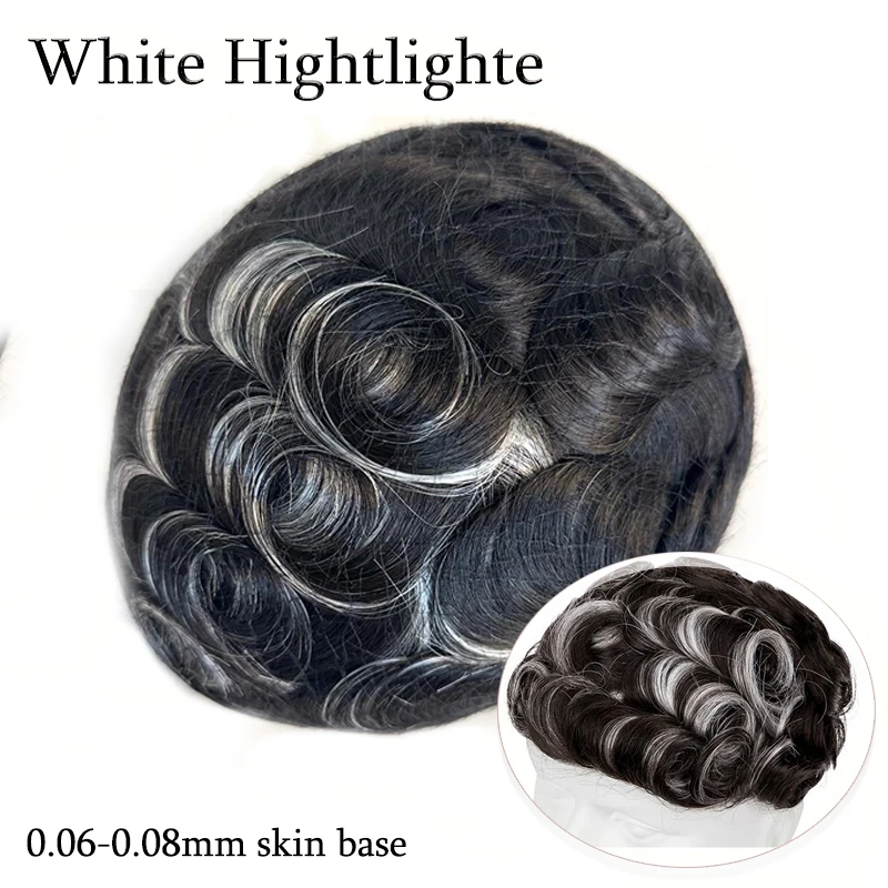 

Highlighted 0.06-0.08mm PU With Double Knotted Fashion Toupee Men Natural Hairline Men Wig 100% Human Hair Hair System Unit 6"